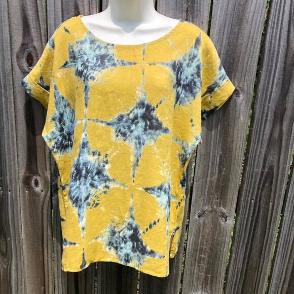 Bellambia Italy Linen Top Blouse Short Cap Sleeve Yellow Blue Tie Dye Shirt